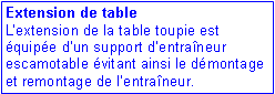 Zone de Texte: Extension de table
L’extension de la table toupie est équipée d’un support d’entraîneur escamotable évitant ainsi le démontage et remontage de l’entraîneur. 