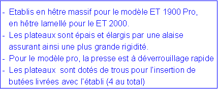 Zone de Texte: -  Etablis en h�tre massif pour le mod�le ET 1900 Pro,   en h�tre lamell� pour le ET 2000.-  Les plateaux sont �pais et �largis par une alaise    assurant ainsi une plus grande rigidit�.-  Pour le mod�le pro, la presse est � d�verrouillage rapide-  Les plateaux  sont dot�s de trous pour l�insertion de     but�es livr�es avec l��tabli (4 au total)