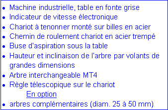 Zone de Texte: Machine industrielle, table en fonte griseIndicateur de vitesse �lectroniqueChariot � tenonner mont� sur billes en acierChemin de roulement chariot en acier tremp�Buse d�aspiration sous la tableHauteur et inclinaison de l�arbre par volants de grandes dimensionsArbre interchangeable MT4R�gle t�lescopique sur le chariot	En option arbres compl�mentaires (diam. 25 � 50 mm)