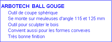 Zone de Texte: ARBOTECH &nbsp;BALL GOUGE 	Outil de coupe sph�rique	Se monte sur meuleuses d'angle&nbsp;115 et&nbsp;125 mm	Outil&nbsp;pour sculpter&nbsp;le bois	Convient aussi pour les formes convexes	Tr�s bonne finition